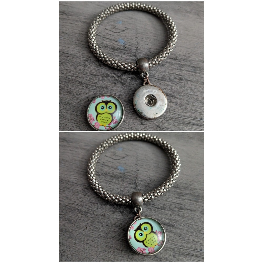 Silver Tone Popcorn Stretch Bracelet with Interchangeable Owl Snap Charm